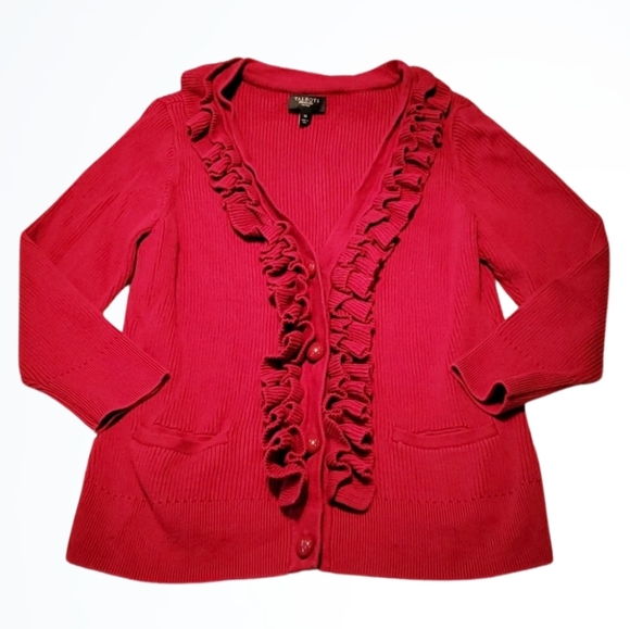 Talbots Petites Red VNeck Ruffle Front Button Up Cardigan Size MP Bust 32 Inches - Picture 1 of 5